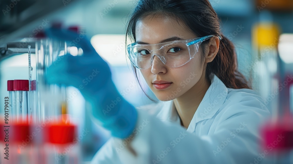 A scientist in a lab coat and safety goggles carefully examines colorful test tubes during an experiment at a well-equipped laboratory A scientist in a lab coat and safety goggles carefully examines colorful test tubes during an experiment at a well-equipped laboratory