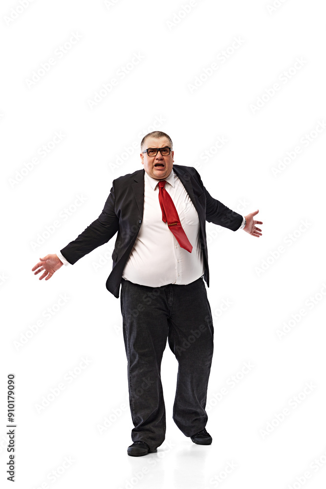 Full-length of emotional man, businessman in formal wear and glasses expressing emotion of stress, shock isolated on white background. Situations at work. Concept of business, leisure, achievement Full-length of emotional man, businessman in formal wear and glasses expressing emotion of stress, shock isolated on white background. Situations at work. Concept of business, leisure, achievement