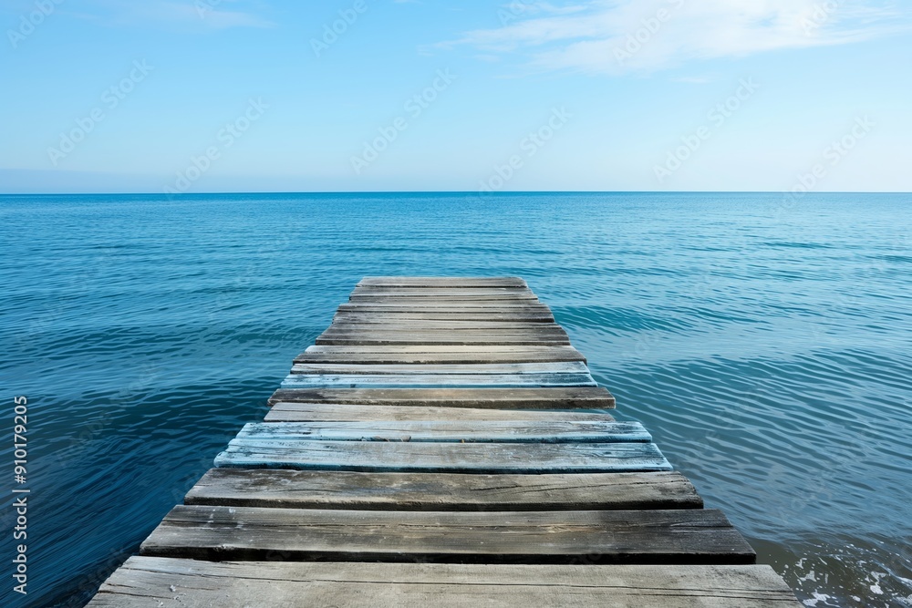 The end of a wooden pier that stretches out into the calm, blue waters of the ocean, epitomizing peace and summertime tranquility. The end of a wooden pier that stretches out into the calm, blue waters of the ocean, epitomizing peace and summertime tranquility.