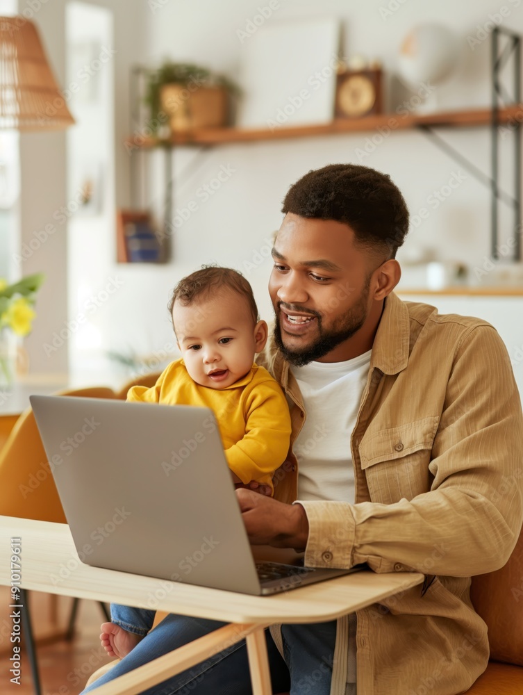 Young Man Multitasking with Baby and Laptop in Cozy Living Room Young Man Multitasking with Baby and Laptop in Cozy Living Room