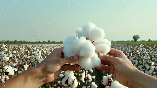 Hand holding cotton with a cotton farm in the background. illustration of World Cotton Day