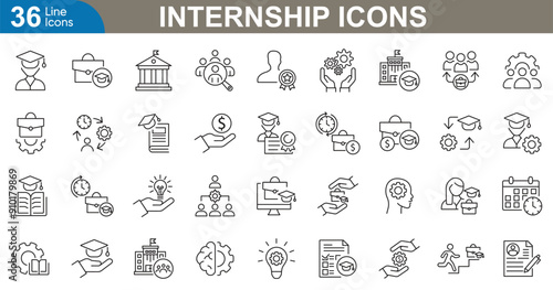 Internship icons set vector illustration. Application, interview, career, mentorship, networking, student, feedback and skill development. 