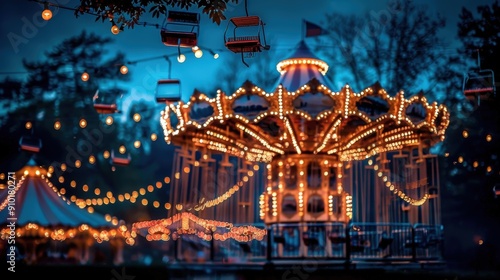 The carousel shines brightly with lights as guests enjoy the vibrant atmosphere of the amusement park during evening hours photo