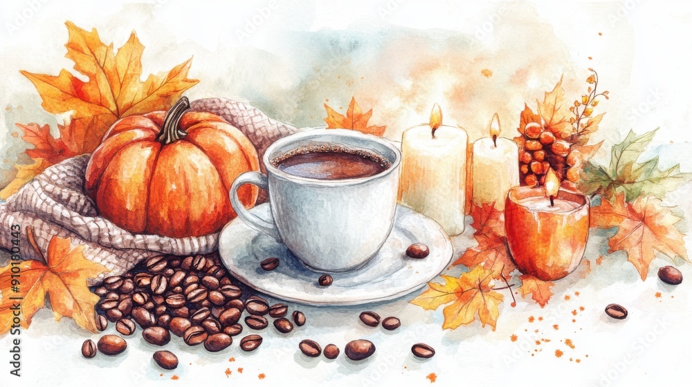 A cozy autumn scene featuring a cup of coffee, pumpkin, candles, and coffee beans, perfect for seasonal warmth. A cozy autumn scene featuring a cup of coffee, pumpkin, candles, and coffee beans, perfect for seasonal warmth.