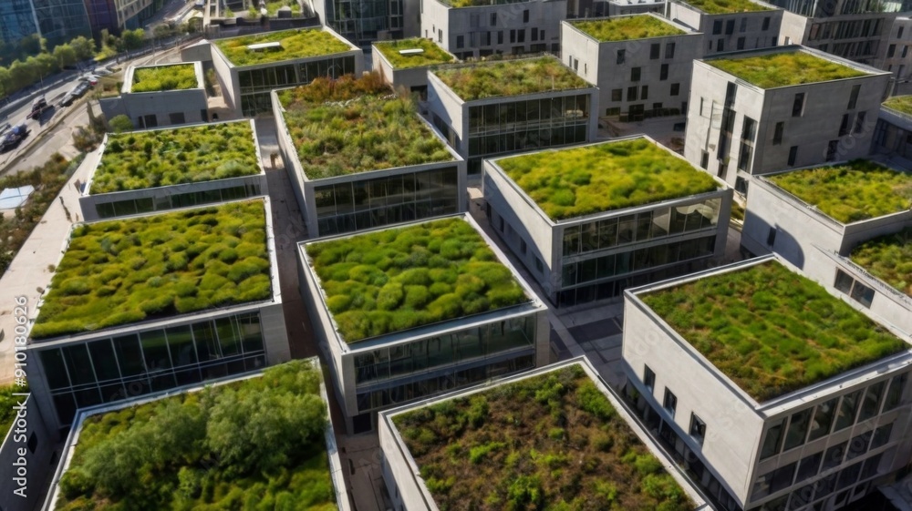 Eco-friendly urban space with green roofs, solar panels, and sustainable architecture Eco-friendly urban space with green roofs, solar panels, and sustainable architecture