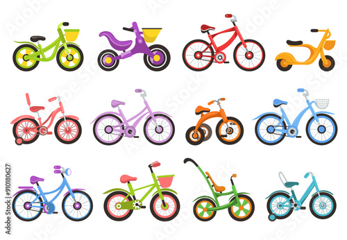 Cartoon kids bicycles. Colorful childish bikes. Babies two and three wheeled transport. Girly and boyish cute cycles. Tricycle shapes. Childhood transportation. Splendid vector set