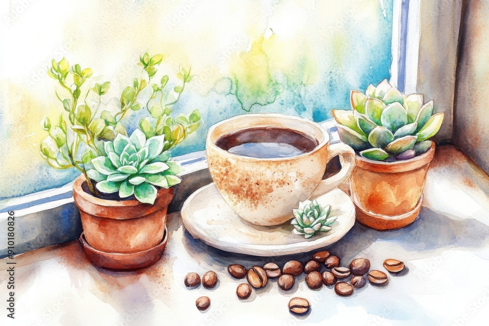 A cozy scene featuring a cup of coffee beside potted succulents and coffee beans on a windowsill, perfect for a serene atmosphere. A cozy scene featuring a cup of coffee beside potted succulents and coffee beans on a windowsill, perfect for a serene atmosphere.
