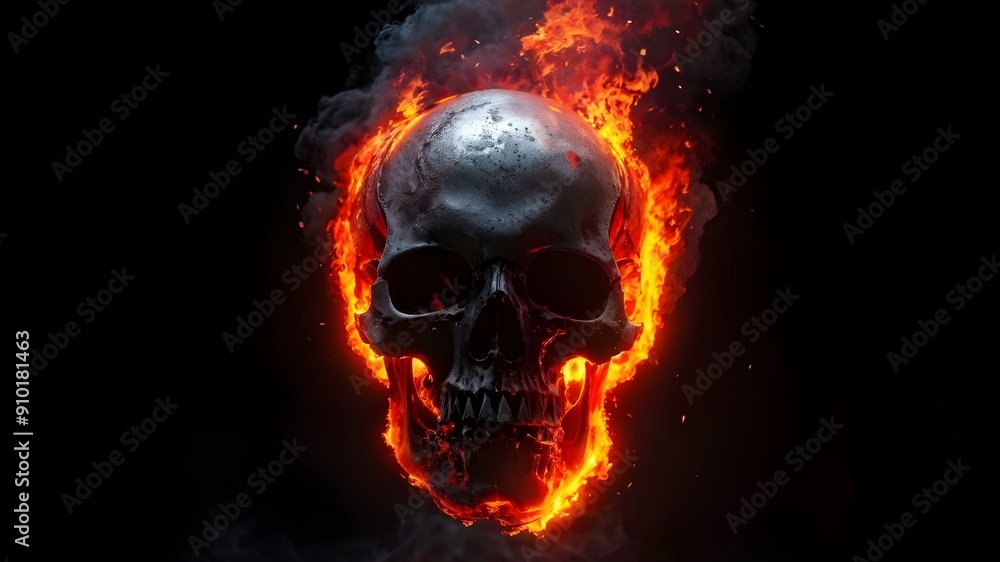 Fiery Human Skull on a black background. Generative AI illustration of the skull in the fire., Fiery Human Skull on a black background. Generative AI illustration of the skull in the fire.,