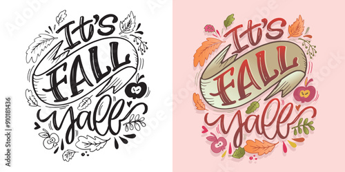 Cute hand drawn doodle lettering quote- fall vibes. Lettering for t-shirt design, mug print, bag print, clothes fashion. 100% hand drawn vector image.