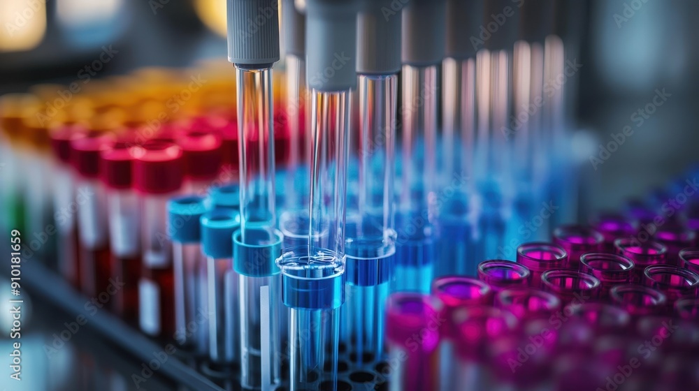 Colorful test tubes filled with liquids are arranged neatly while pipettes transfer solutions in a laboratory setting Colorful test tubes filled with liquids are arranged neatly while pipettes transfer solutions in a laboratory setting