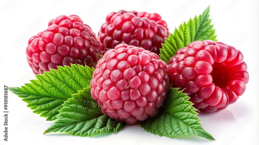 Close-Up of Ripe Raspberries and Green Leaves on White Background - Fresh and Healthy Close-Up of Ripe Raspberries and Green Leaves on White Background - Fresh and Healthy
