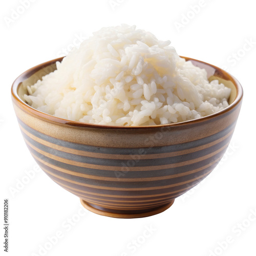 Wallpaper Mural A striped ceramic bowl of steamed rice. The bowl's design adds a touch of elegance to the perfectly cooked rice. Isolated on transparent background, png. Torontodigital.ca