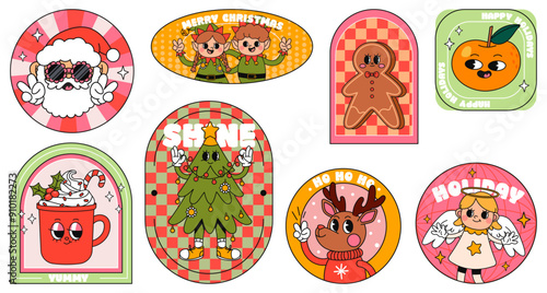 Cartoon Christmas stickers. Comic retro groovy character. Trendy vintage promo label, festive pins. Merry Christmas and Happy New Year. Comic deer, elf, gingerbread. Vector 60s winter holiday set