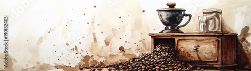 Artistic depiction of coffee grinder with spilled beans, showcasing rustic charm and rich textures in warm tones.