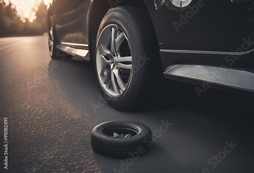 tyre flat car because road leak tire pounding nail toned wheel vehicle automobile transportation rubber auto accident damage burst rim deflated old air street worn change photo