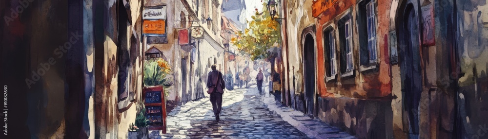 Obraz premium Charming cobblestone street with vibrant buildings and a lone figure walking, capturing the essence of quaint urban life.
