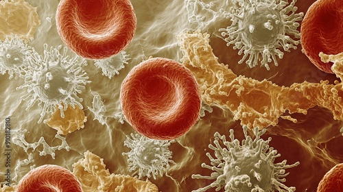 A close-up microscopic view reveals the intricate details of blood cells. Red blood cells, appearing as smooth, doughnut-shaped discs, are prominent in the image. White blood cells, larger and more photo