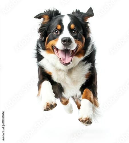 An energetic and happy Bernese Mountain Dog leaping with joy