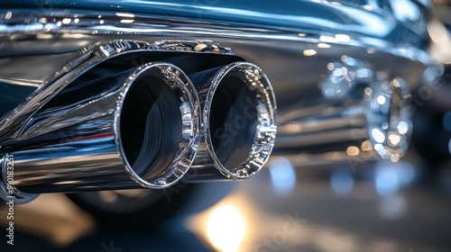 Polished chrome exhaust tips glisten under showroom lights, highlighting the craftsmanship of a classic car's rear end. photo