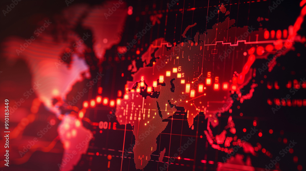 World map with glowing red data points and network connections. Digital ...