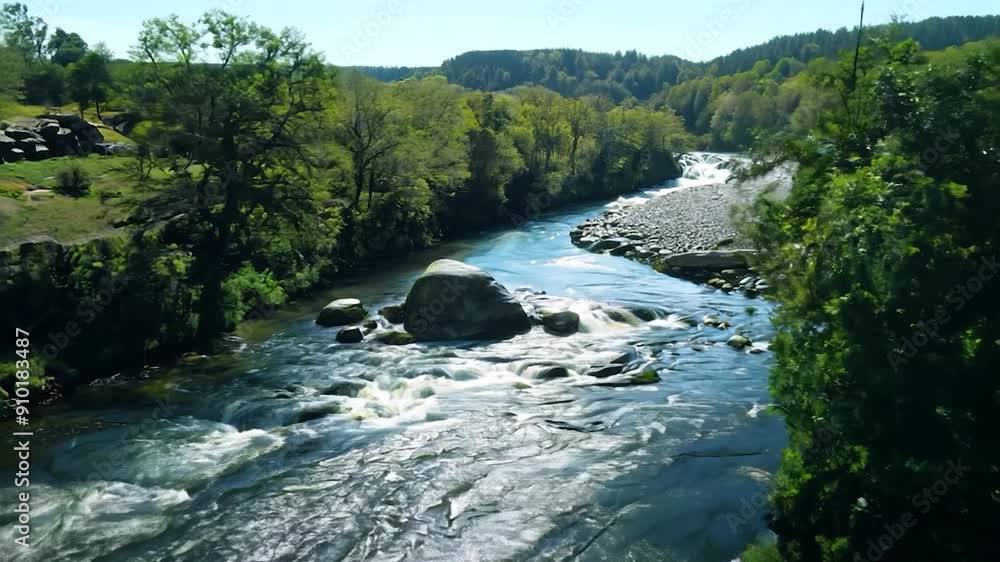 A vibrant river winds through verdant trees, reflecting the sky while boulders create playful ripples in the water