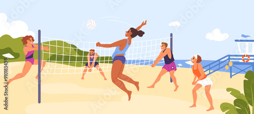 Beach volleyball players. Happy guys and girls hit and throw ball through net on seashore. Sports competitions on sandy coast. Outdoor tournament. Summer vacation. Garish vector concept