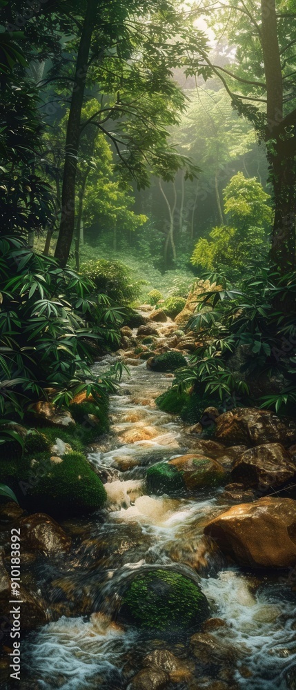 A rocky stream in dense forest, lush foliage, detailed and natural, serene atmosphere, A rocky stream in dense forest, lush foliage, detailed and natural, serene atmosphere,