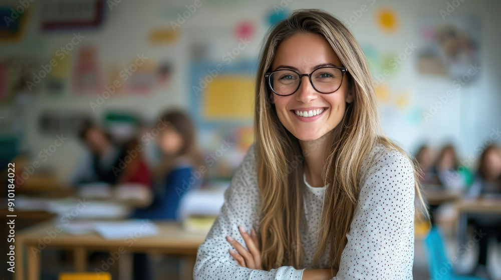 young smiling teacher with glasses against the background of classroom, woman, September 1, back to school, education, knowledge, people, person, portrait, professional, professor, work, chalk board young smiling teacher with glasses against the background of classroom, woman, September 1, back to school, education, knowledge, people, person, portrait, professional, professor, work, chalk board