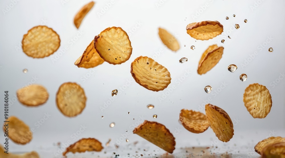 Crispy Potato Chips Falling with Oil Droplets Crispy Potato Chips Falling with Oil Droplets