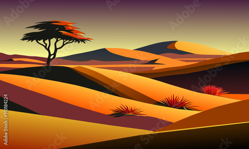 Landscape with plants in the desert dunes, vector illustration.