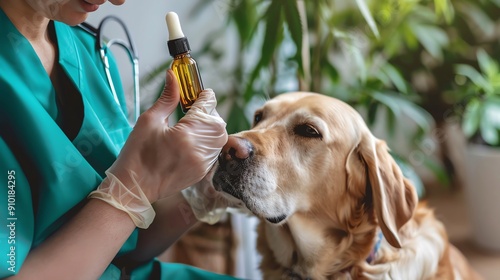 Veterinarian administering CBD oil to a dog Animal wellness