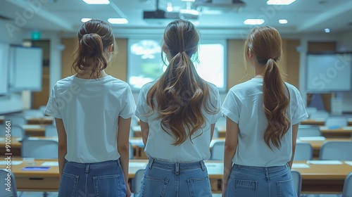 Group of Three Young Women in Casual Attire Observing a Presentation in a Modern Classroom