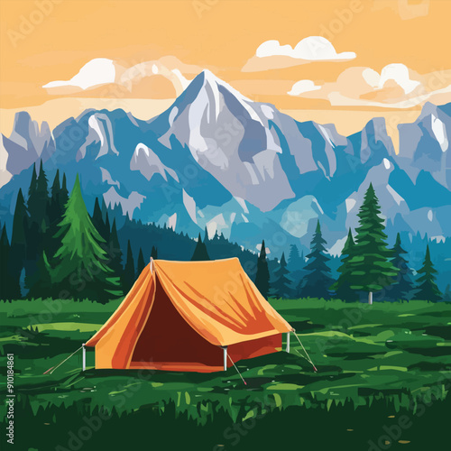 vector of camping tent on a mountain scenery