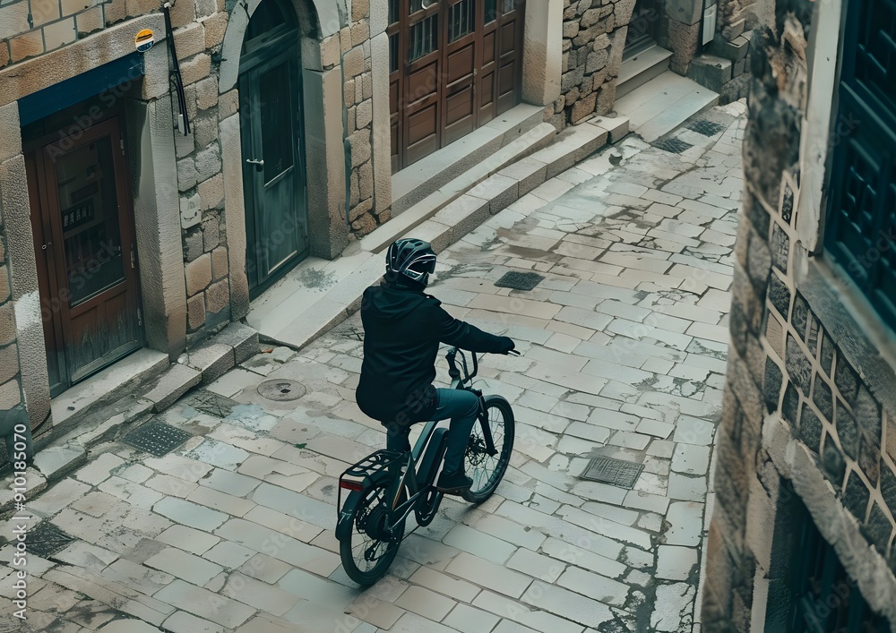 Person riding an electric bike through a cobblestone street in a historic European town Person riding an electric bike through a cobblestone street in a historic European town