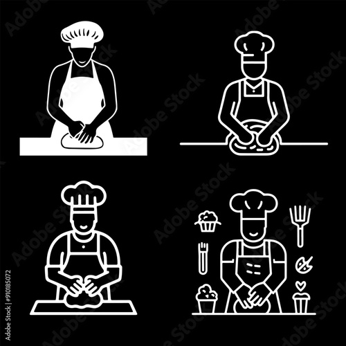 Icons of bakers with apron and chef's hat kneading dough. Vector contour set of white sketches in EPS 10 format