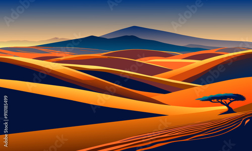 Bright landscape with a lonely bush in the desert dunes, vector illustration.