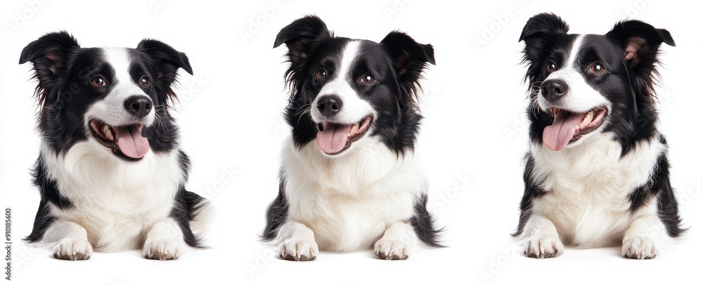 The collection is comprised of happy border collie images (portraits, standings, sittings) isolated on a white background. The collection is comprised of happy border collie images (portraits, standings, sittings) isolated on a white background.