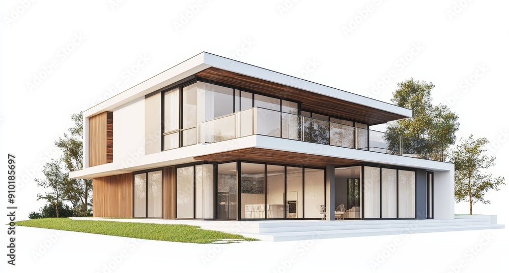 On a transparent background, a simple modern white house model can be seen On a transparent background, a simple modern white house model can be seen