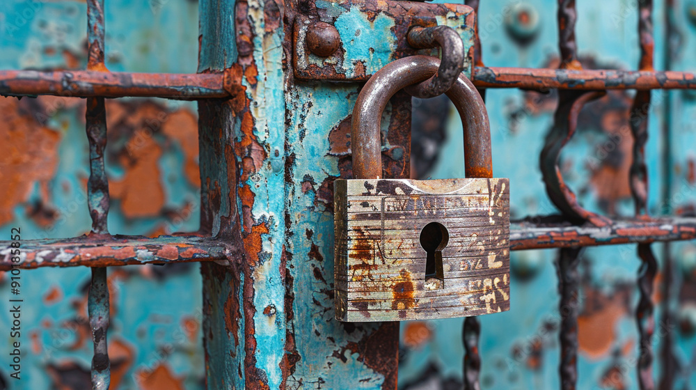 Close-up of a padlock on a gate, symbolizing imprisonment and detailed metal textures Close-up of a padlock on a gate, symbolizing imprisonment and detailed metal textures