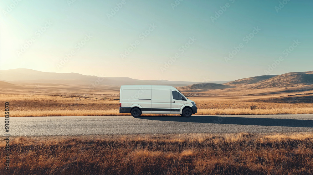 A minimalist delivery van on a clean road, representing efficient transport management A minimalist delivery van on a clean road, representing efficient transport management