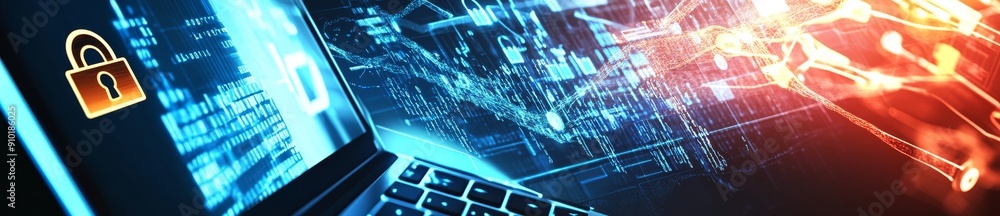 Cyber security and data protection laptops with digital padlocks, isolated on a transparent background Cyber security and data protection laptops with digital padlocks, isolated on a transparent background