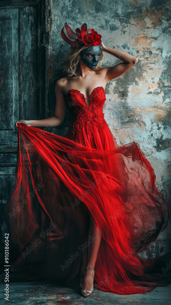 A woman in a red dress is posing for a photo A woman in a red dress is posing for a photo