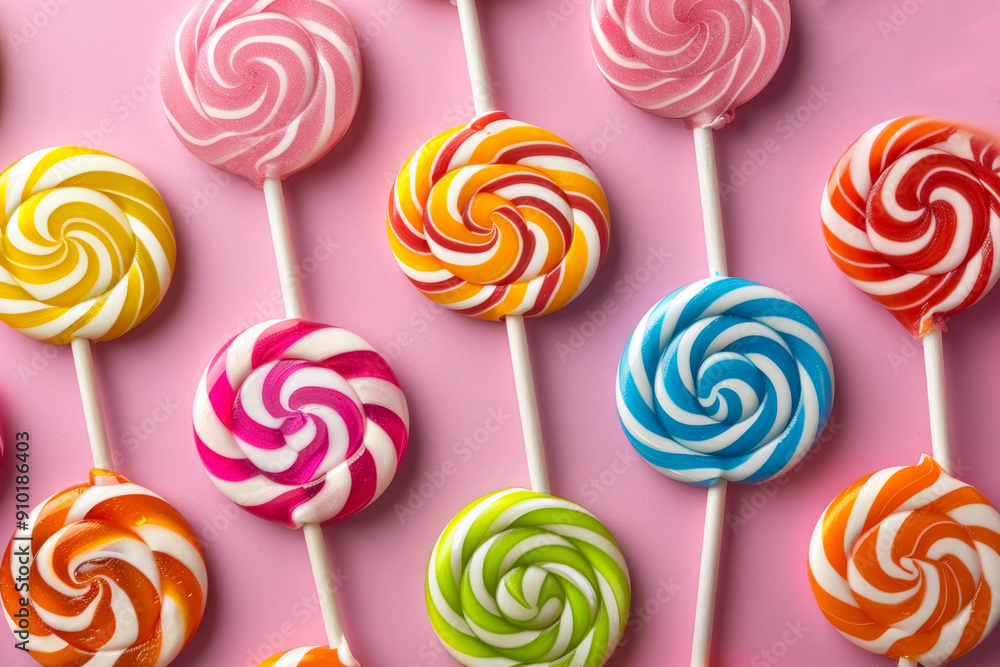 An overhead view of an assortment of lollipops in different colors and patterns. The lollipops come in a variety of shapes, including round and heart-shaped, with colorful swirls An overhead view of an assortment of lollipops in different colors and patterns. The lollipops come in a variety of shapes, including round and heart-shaped, with colorful swirls