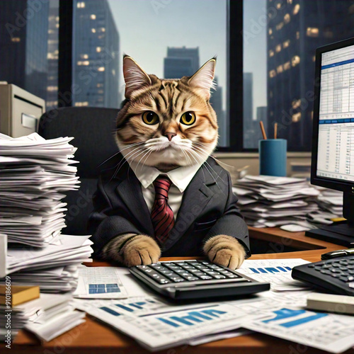 a cat accountant working in a skyscraper office, there's a huge stack of papers and the cat is in front of a computer, the office is a mess