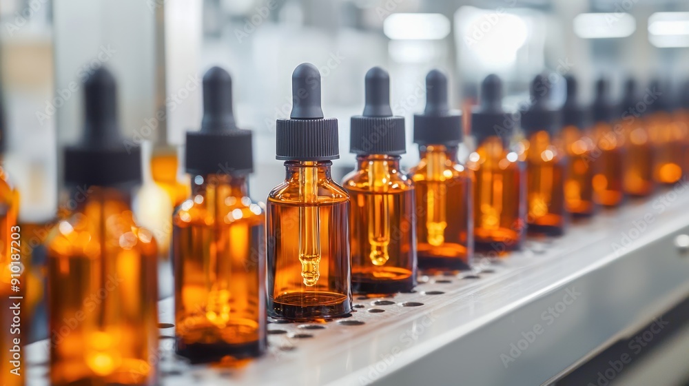 Bright, sterile factory setting for advanced cosmetic manufacturing with rows of amber dropper bottles Bright, sterile factory setting for advanced cosmetic manufacturing with rows of amber dropper bottles