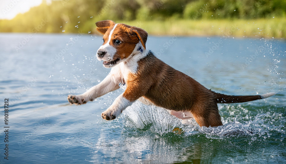 A puppy happily splashing and jumping at the water's edge A puppy happily splashing and jumping at the water's edge