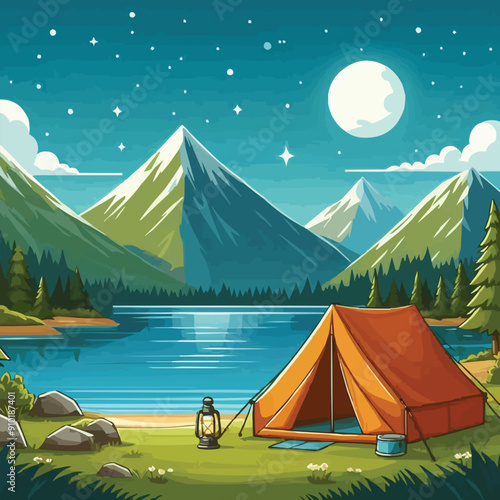 vector of camping tent on a mountain scenery