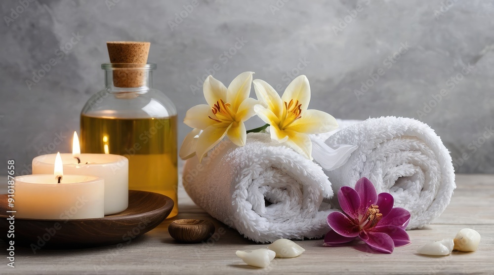 Spa Relaxation with Candles, Oil, and Flowers Spa Relaxation with Candles, Oil, and Flowers