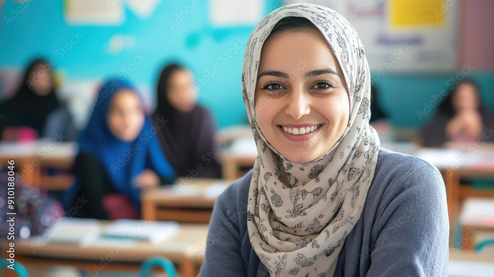 young smiling muslim teacher against the background of classroom, September 1, back to school, education, knowledge, people, person, portrait, professional, professor, work, room, chalk board, woman young smiling muslim teacher against the background of classroom, September 1, back to school, education, knowledge, people, person, portrait, professional, professor, work, room, chalk board, woman
