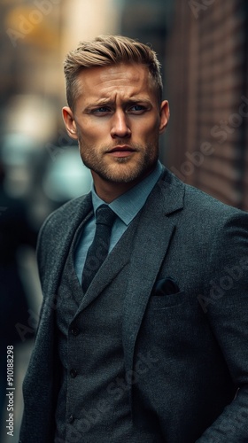 (Vertical)Young man with blue eyes, sharp face, walking on the street, wearing a dark gray suit and tie, his elegant pose reflects his confidence.